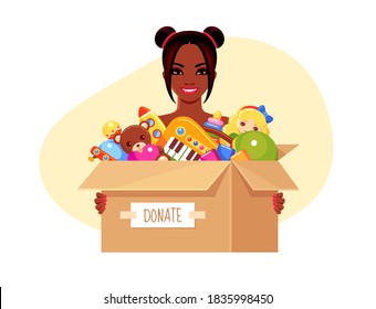 Volunteer African American smiling girl holding donation paper box with children's toys. Doll, bear, toy blocks, rocket, ufo, ball and musical piano set. Vector charity concept illustration