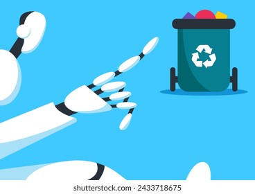 Volunteer AI Robot clearing the streets of trash and natural debris. Waste recycling service. Flat vector illustration.