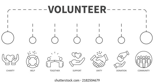 Volunteer Aid Assisstant Vector Illustration concept. Banner with icons and keywords . Volunteer Aid Assisstant building symbol vector elements for infographic web