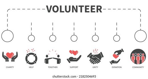 Volunteer Aid Assisstant Vector Illustration concept. Banner with icons and keywords . Volunteer Aid Assisstant building symbol vector elements for infographic web