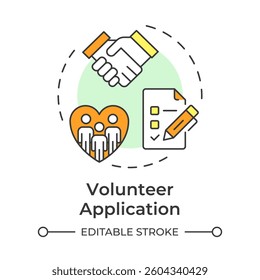 Volunteer application multi color concept icon. Access matching candidates. Supporters program administration. Round shape line illustration. Abstract idea. Graphic design. Easy to use in brochure