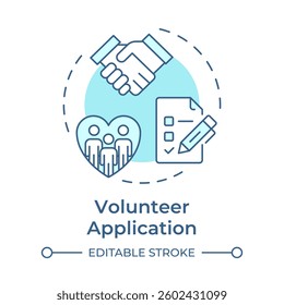 Volunteer application soft blue concept icon. Access matching candidates. Supporters program administration. Round shape line illustration. Abstract idea. Graphic design. Easy to use in brochure