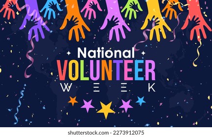 Volunteer Appreciation Week. volunteers communities awareness concept banner design with colorful confetti effect with letter and supporting hand in blue background. observed on April