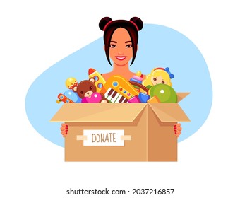 Volunteer Asian smiling girl holding donation paper box with kids toys. Doll, bear, toy blocks, rocket, ufo, ball and musical piano. Vector charity concept illustration