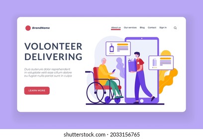 Volunteer assistance and delivery. Charitable care for elderly and disabled. Execution of online orders with free shipping. Voluntary donations to people in need. Vector landing page flat banner