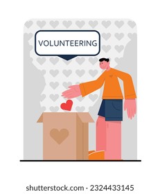 Volunteer assistance. Male character collects donations for charity. Fund to help needy. Activist donates to fund. Color vector illustration in flat style svg