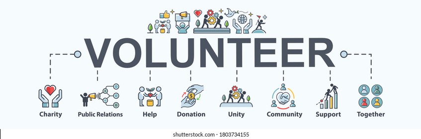 Volunteer Banner Web Icon For Association And Charity, Public Relation, Help, Donation, Assistant, Community, Joy And Support. Minimal Cartoon Vector Infographic.