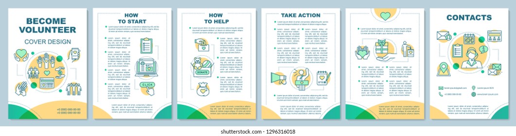 Volunteer becoming brochure template layout. Humanitarian help. Flyer, booklet, leaflet print design with linear illustrations. Vector page layouts for magazines, annual reports, advertising posters