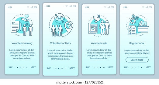 Volunteer becoming onboarding mobile app page screen vector template. Humanitarian help. Volunteer service walkthrough website steps with linear illustrations. UX, UI, GUI smartphone interface concept