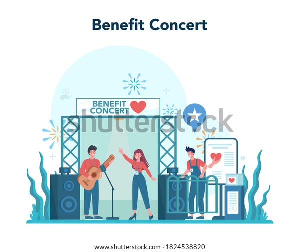 Volunteer benefit concert.
Charity community support people in need, take care of the planet,
make a donation. Idea of care and humanity. Isolated vector
illustration