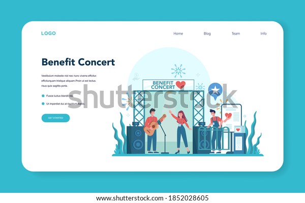 Volunteer benefit concert web banner or\
landing page. Charity community support people in need, take care\
of the planet, make a donation. Idea of care and humanity. Isolated\
vector illustration