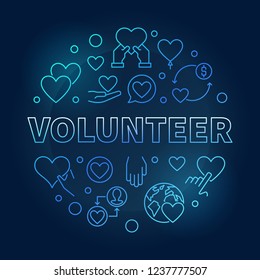 Volunteer blue round vector outline illustration. Charity and volunteering colored symbol in thin line style on dark background