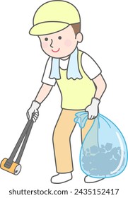 A volunteer boy doing cleaning activities isolated on white background