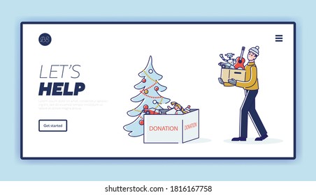 Volunteer boy donating toys for christmas charity event. Human help and support landing page. People assistance and donation concept. Linear vector illustration