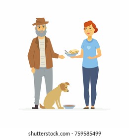 Volunteer bring food to homeless - cartoon people characters isolated illustration on white background. Young female social worker gives hot dish with bread to a senior person with a dog