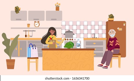 Volunteer bring the grocery bag to senior. Young woman unpacking bags. Social worker care about old man, carry food, milk. Granddaughter unloading packages with food, grandfather sit on the chair