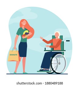 Volunteer bringing food to disabled woman. Donation, wheelchair, handicapped person flat vector illustration. Disability, volunteering, help concept for banner, website design or landing web page