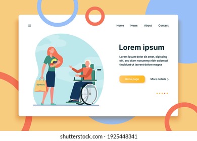 Volunteer bringing food to disabled woman. Donation, wheelchair, handicapped person flat vector illustration. Disability, volunteering, help concept for banner, website design or landing web page