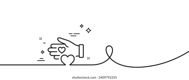 Volunteer care line icon. Continuous one line with curl. Helping hand sign. Donation symbol. Volunteer single outline ribbon. Loop curve pattern. Vector