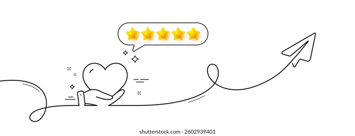 Volunteer care line icon. Continuous line with share plane. Helping hand sign. Donation symbol. Five star rate review in speech bubble. Volunteer single line ribbon. Loop curve pattern. Vector