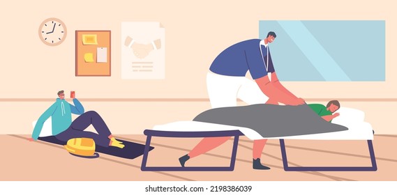 Volunteer Care Of Refugees In Shelter, Characters Survive During War Conflict, Little Girl Sleeping On Cot Under Assistance And Support Of Helper In Temporary Residence. Cartoon Vector Illustration