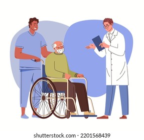 Volunteer, carer for elderly patient, nurse brought grandfather in wheelchair to doctor's appointment. Concept of geriatric care. Vector characters flat cartoon illustration.