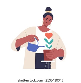 Volunteer caring about charity project with love. Person helping, supporting, donating and growing plant with heart. Donation and funding concept. Flat vector illustration isolated on white background