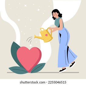Volunteer caring about charity project with love. Woman watering heart shaped plant. Person helping, supporting, donating. Donation and funding concept. Flat vector illustration isolated on white.