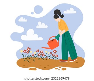 Volunteer caring about environment and take care of plants. Young female in uniform and protective gloves holding watering can and watering flowers. Flat vector illustration