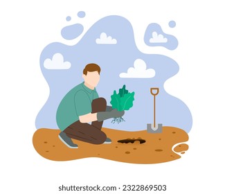 Volunteer caring about environment and take care of plants. Male sitting, working on ground. Man growing organic plants. Planting plants in the garden concept. Flat vector illustration