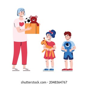 Volunteer Carry Box With Toys For Charity And Donation To Children. Volunteering, Help And Support For Kids From Poor Family Or Orphans. Vector Illustration Isolated On A White.