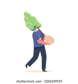 Volunteer Carry Tree for Planting in Soil Isolated on White Background. Eco Activist Male Character Saving Nature, Environment Care and Day of Earth Concept. Cartoon People Vector Illustration