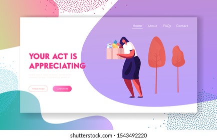 Volunteer Carrying Food Donation Box Website Landing Page. Woman Activist Collecting Grocery Production for Poor Homeless People. Volunteering Work Web Page Banner. Cartoon Flat Vector Illustration