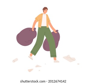 Volunteer carrying trash bags full of collected litter. Eco-activist holding trashbags in hands with street garbage. Activity for cleaning environment. Flat vector illustration isolated on white