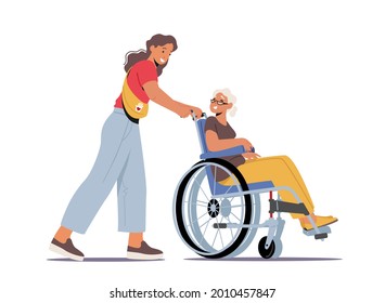 Volunteer Character Help Old Disabled People in Nursing Home. Young Social Worker Care of Sick Senior Woman Driving her on Wheelchair, Volunteering Healthcare, Medical Aid. Cartoon Vector Illustration