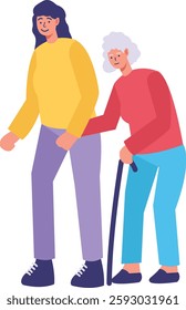 Volunteer Character Helping Elderly Isolated on White Background. Vector Illustration