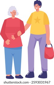 Volunteer Character Helping Elderly Isolated on White Background. Vector Illustration