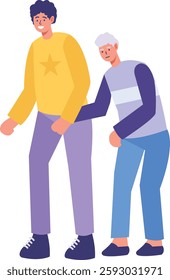 Volunteer Character Helping Elderly Isolated on White Background. Vector Illustration