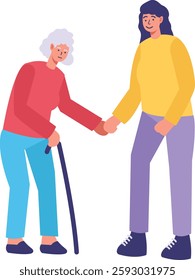 Volunteer Character Helping Elderly Isolated on White Background. Vector Illustration