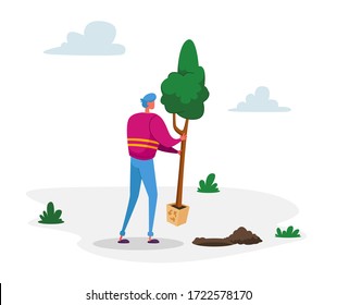 Volunteer Character Saving Nature, Ecological Issues, Global Warming, Environment Care and Day of Earth Concept. Man Planting Tree to Ground in Garden, Eco Protection. Cartoon Vector Illustration