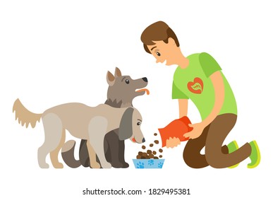 Volunteer character sprinkle food in bowl, sitting and eating dogs, side view of smiling man feeding pet, caring of adoption animal, doggy vector