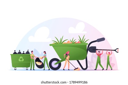 Volunteer Characters Cleaning Garbage, Planting Plants at House Yard Area. People Collecting Trash to Sacks, Racking Ground, Charity and Ecology Protection, Volunteering. Cartoon Vector Illustration