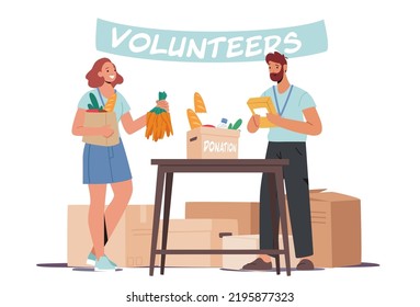 Volunteer Characters Distribute Donated Food. Man and Woman Helping to Poor People Stand at Desk with Products in Donation Box. Volunteering Charity, Fight with Hunger. Cartoon Vector Illustration