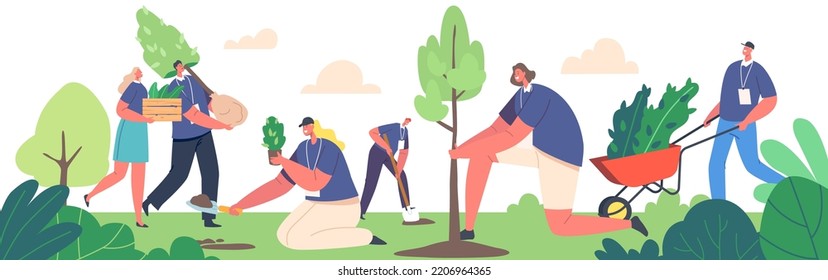 Volunteer Characters Planting Seedlings and Growing Trees. People Working in Garden, World Environment Day, Reforestation, Save Earth Planet, Forest Restoration Concept. Cartoon Vector Illustration