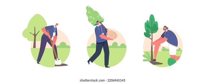 Caracteres voluntarios plantando árboles aislados de iconos redondos o avatares en fondo blanco. Gente trabajando en los jardines, excavando suelo, cultivando plantas, reforzando el concepto. Ilustración del vector de dibujos animados