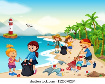 Volunteer Children Cleaning Beach illustration