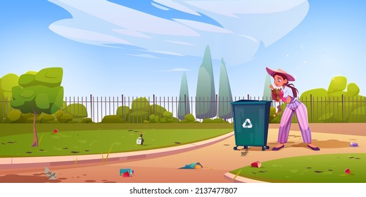 Volunteer clean up city park, girl collect garbage in public garden and put to recycling container. Polluted urban area with wastes lying on ground, pathway and green lawn, Cartoon vector illustration