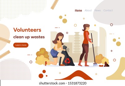 Volunteer clean up waste, employees is engaged in recycling garbage. Girls gathering, sorting of garbage. Pollution protection, environment clean, ecology waste concept vector illustration
