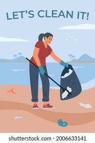 Volunteer cleaning event banner with woman picking up plastic garbage, flat vector illustration. Plastic free planet and environment conservation poster.