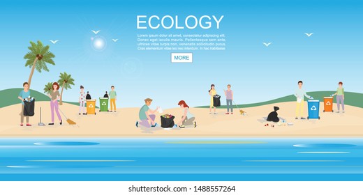 Volunteer cleaning garbage on beach area. Concept environmental conservation and ocean pollution problems vector illustration.